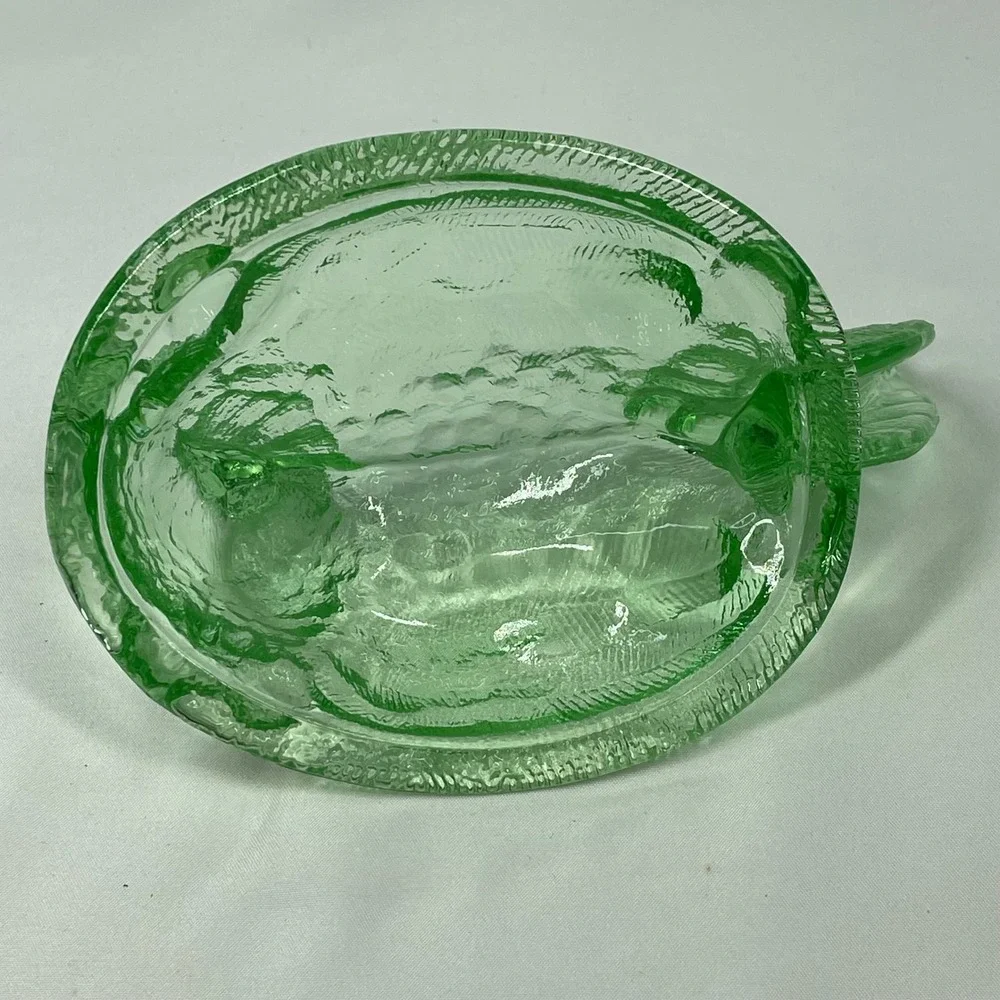 VTG LG Wright Green Glass Hen on Nest Split Tail Turned Head 6.5 Candy Dish